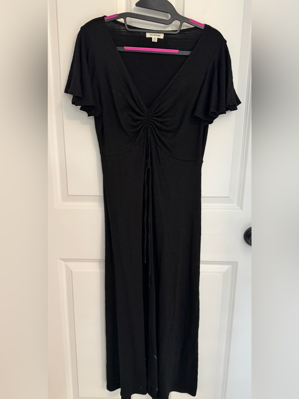 Max Studio Black Ruched-Front Maxi Dress with Flutter Sleeves